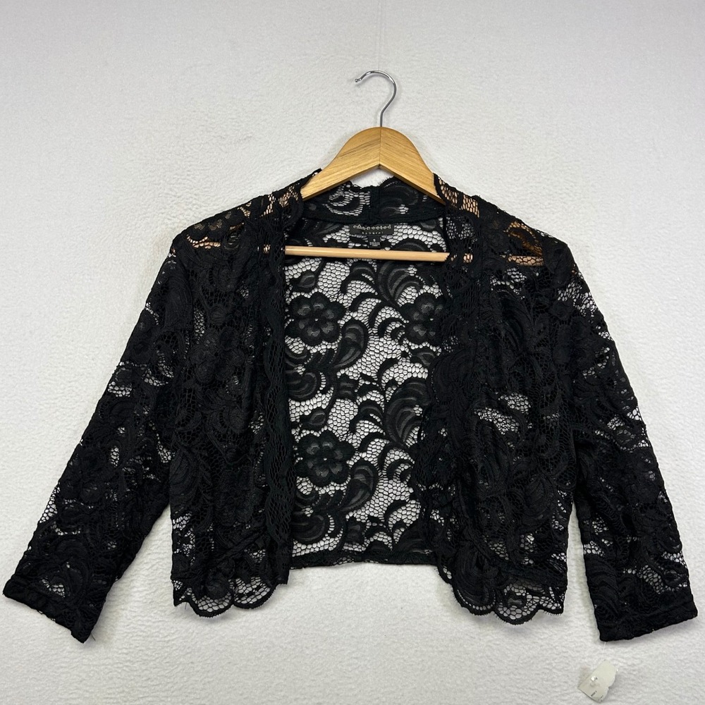 Coquette Connected Apparel Women Small Black Floral Lace Open Front Shrug Bolero